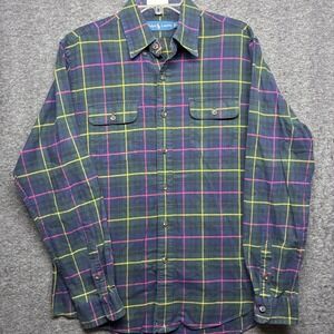 Polo Ralph Lauren Mens Large Plaid Button Down Shirt Pockets Navy Green Yellow L
